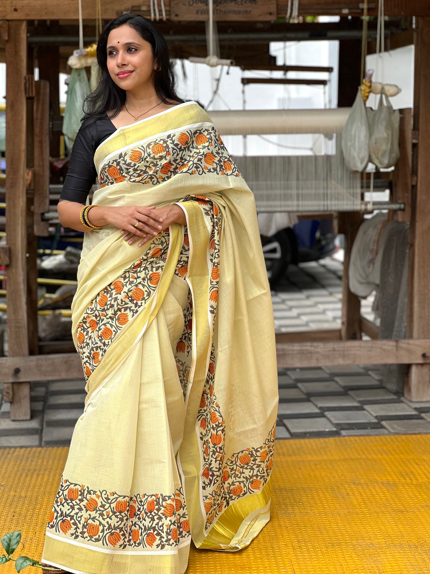 Southloom Jaipur Artisans & Kerala Weavers Collab Orange Floral Printed Tissue Kasavu Saree