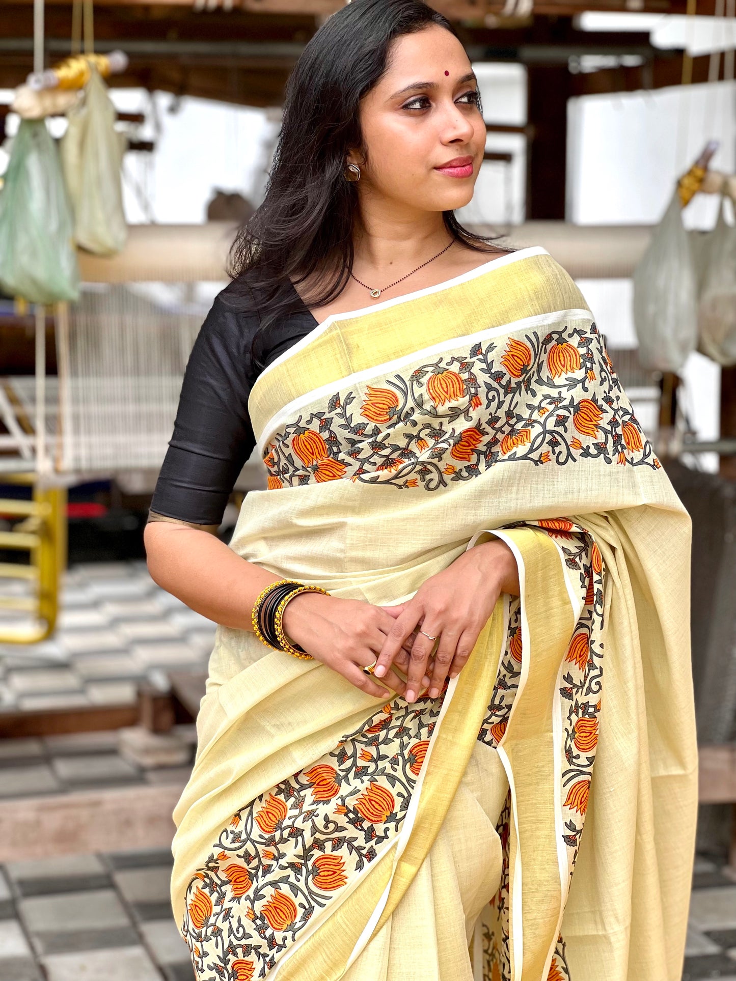 Southloom Jaipur Artisans & Kerala Weavers Collab Orange Floral Printed Tissue Kasavu Saree