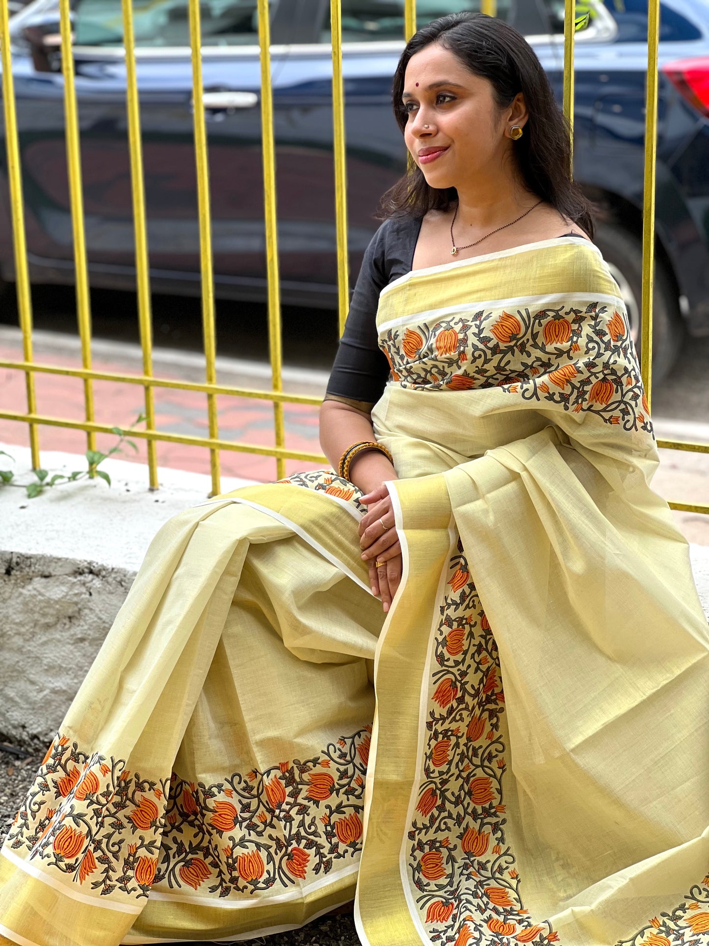 Southloom Jaipur Artisans & Kerala Weavers Collab Orange Floral Printed Tissue Kasavu Saree