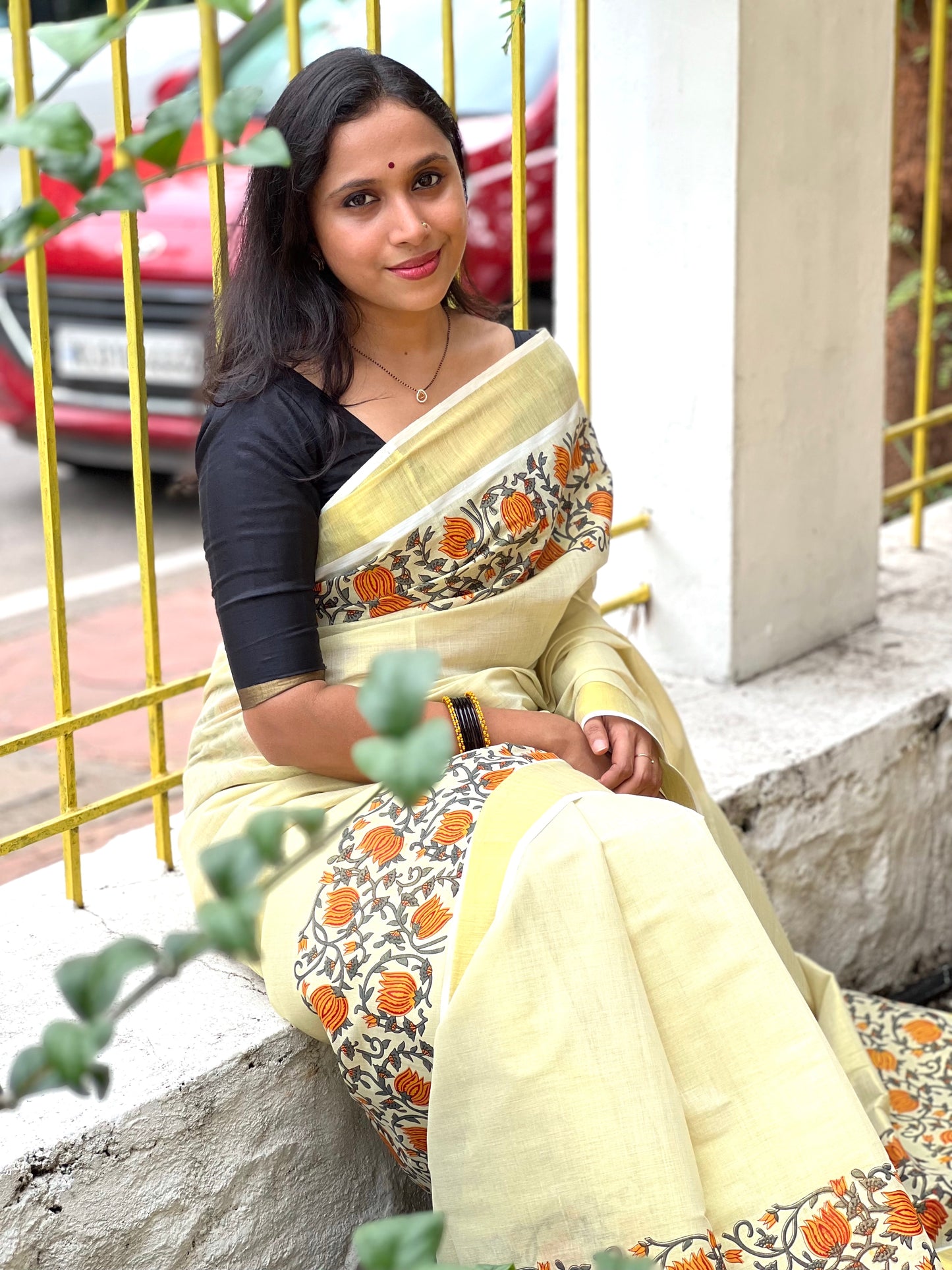 Southloom Jaipur Artisans & Kerala Weavers Collab Orange Floral Printed Tissue Kasavu Saree