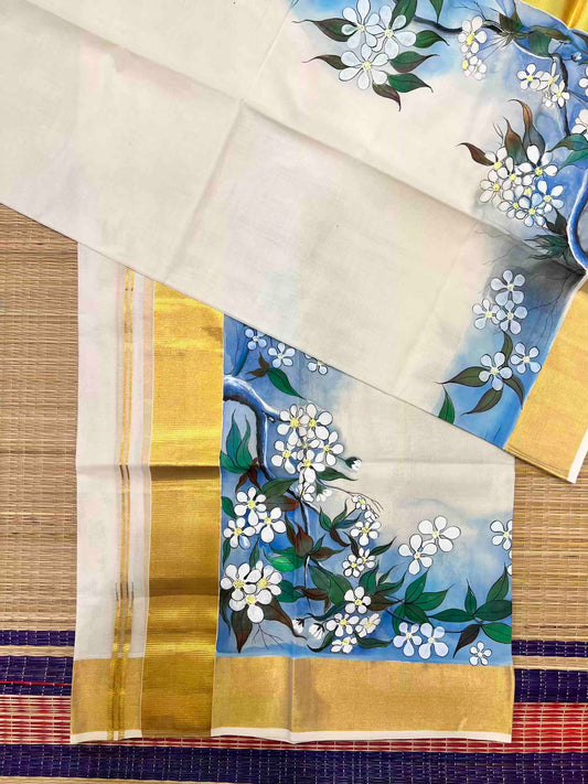 Southloom™ Handloom Hand Painted Floral Design Single Set Mundu (Mundum Neriyathum) 2.70 Mtrs