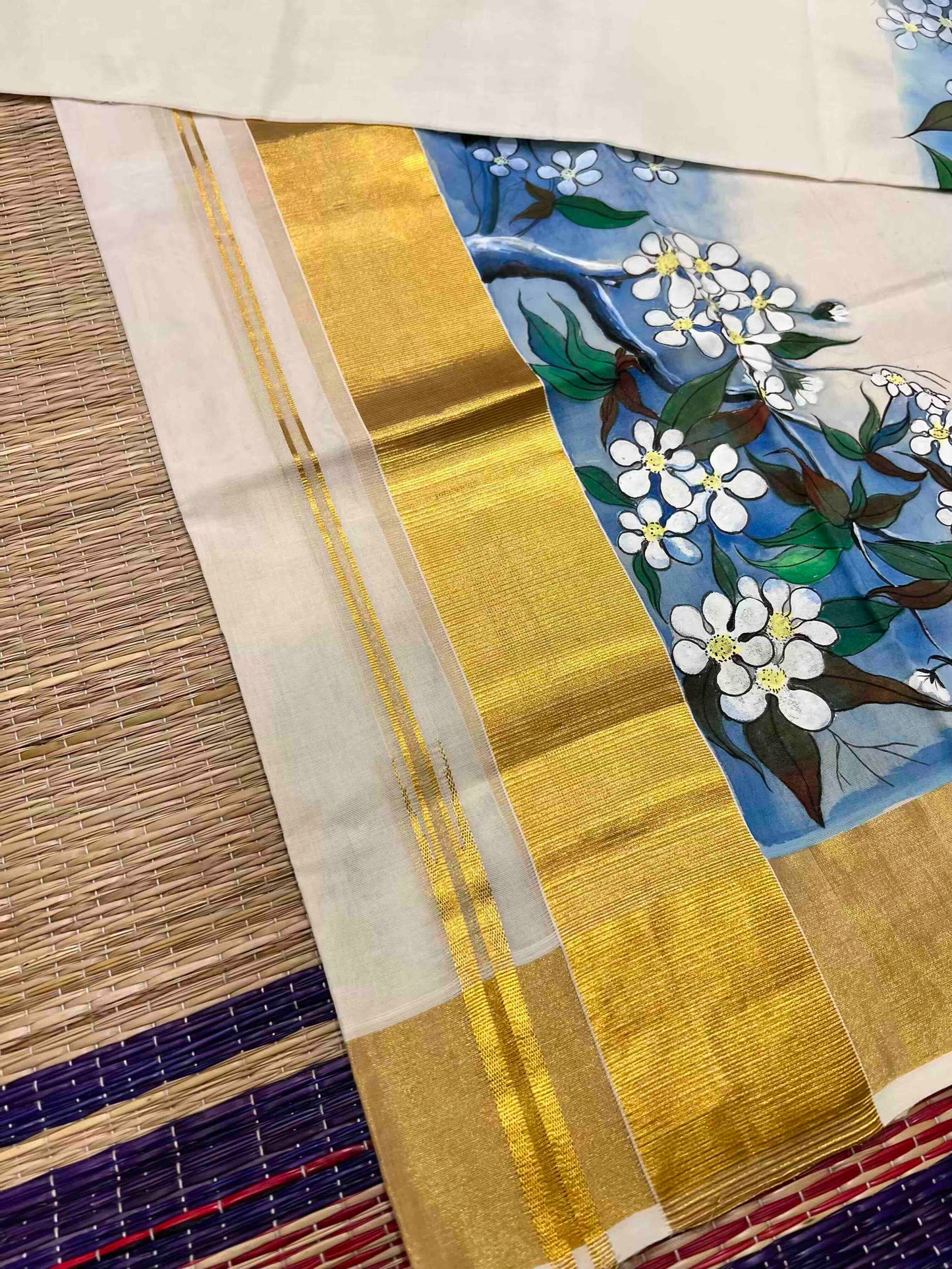 Southloom™ Handloom Hand Painted Floral Design Single Set Mundu (Mundum Neriyathum) 2.70 Mtrs