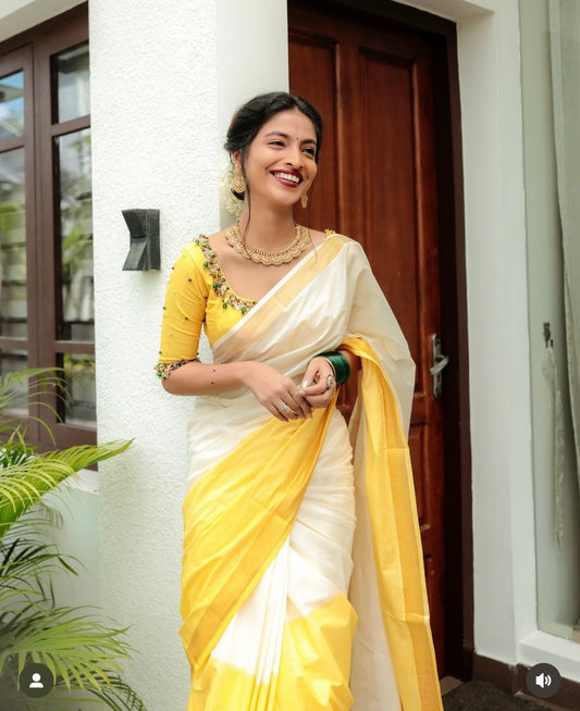 Southloom Tie and Dye Multi Colour Yellow Kasavu Saree (Onam 2024 Collection)