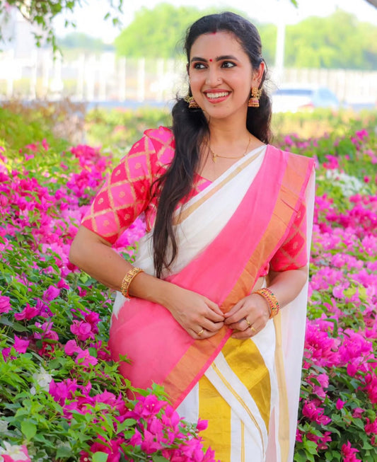 Southloom Tie & Dye - Half & Half  Multi Colour Reddish Pink Design Set Mundu (Mundum Neriyathum) with Super Soft Cotton