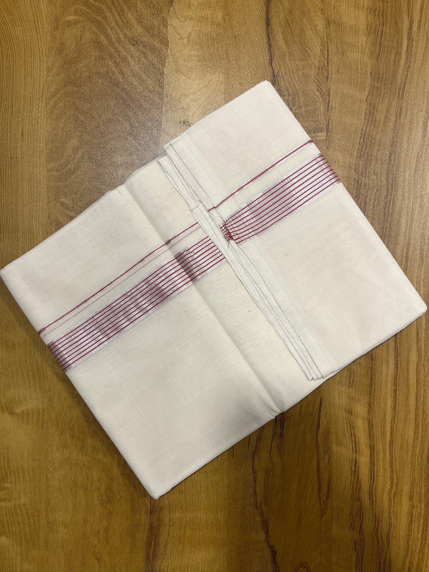 Premium Balaramapuram Handloom Unakkupaavu 1 inch Double Mundu with Silver Kasavu Lines and Pink Kara