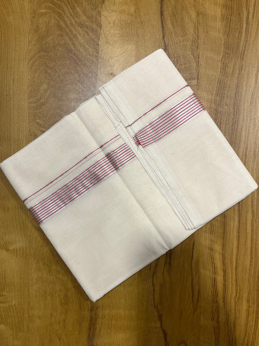 Premium Balaramapuram Handloom Unakkupaavu 1 inch Double Mundu with Silver Kasavu Lines and Pink Kara