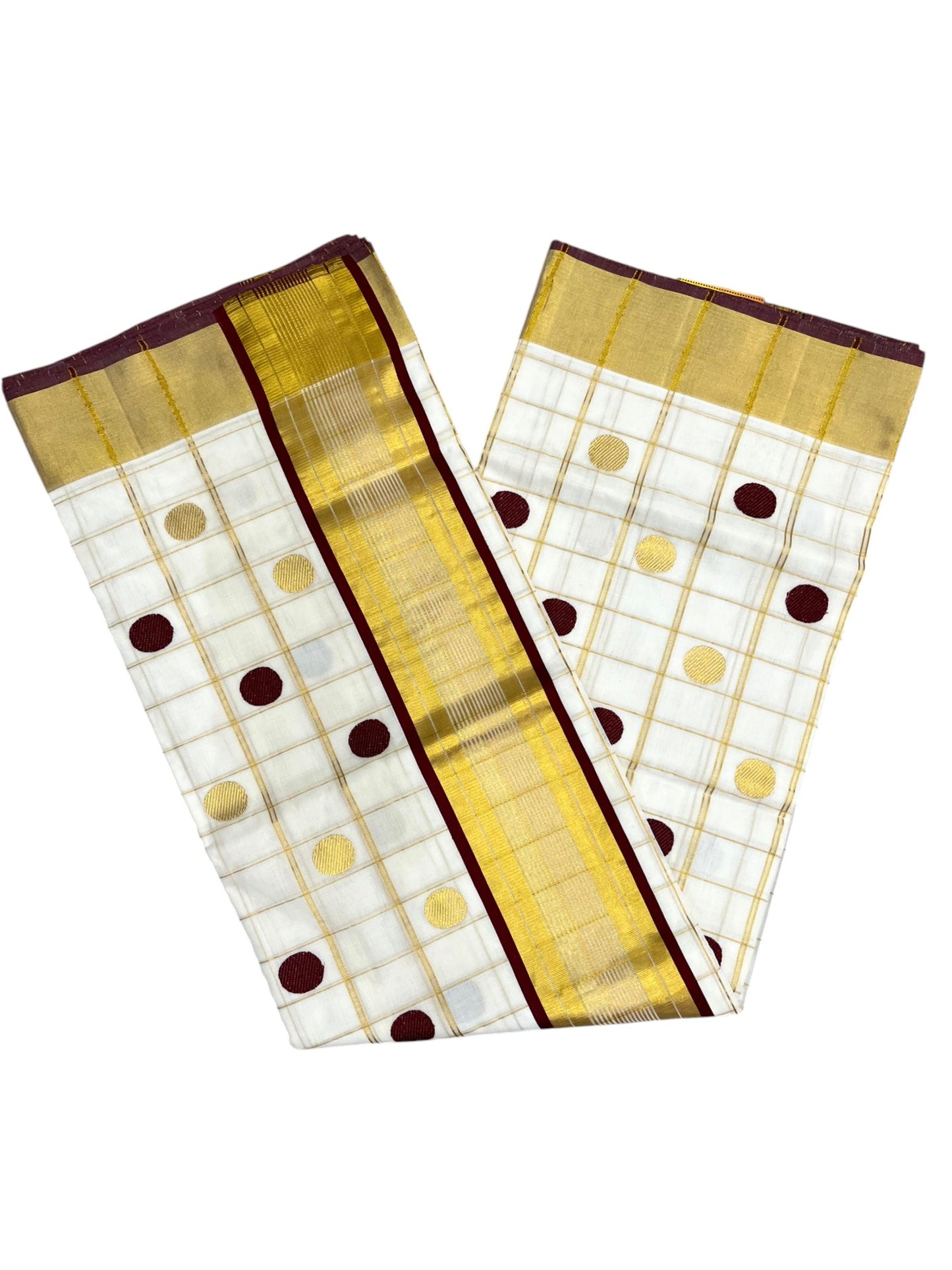 Southloom Super Premium Balaramapuram Handloom Cotton Check Saree with Gold And Maroon Polka Work And Kasavu on Border SL628