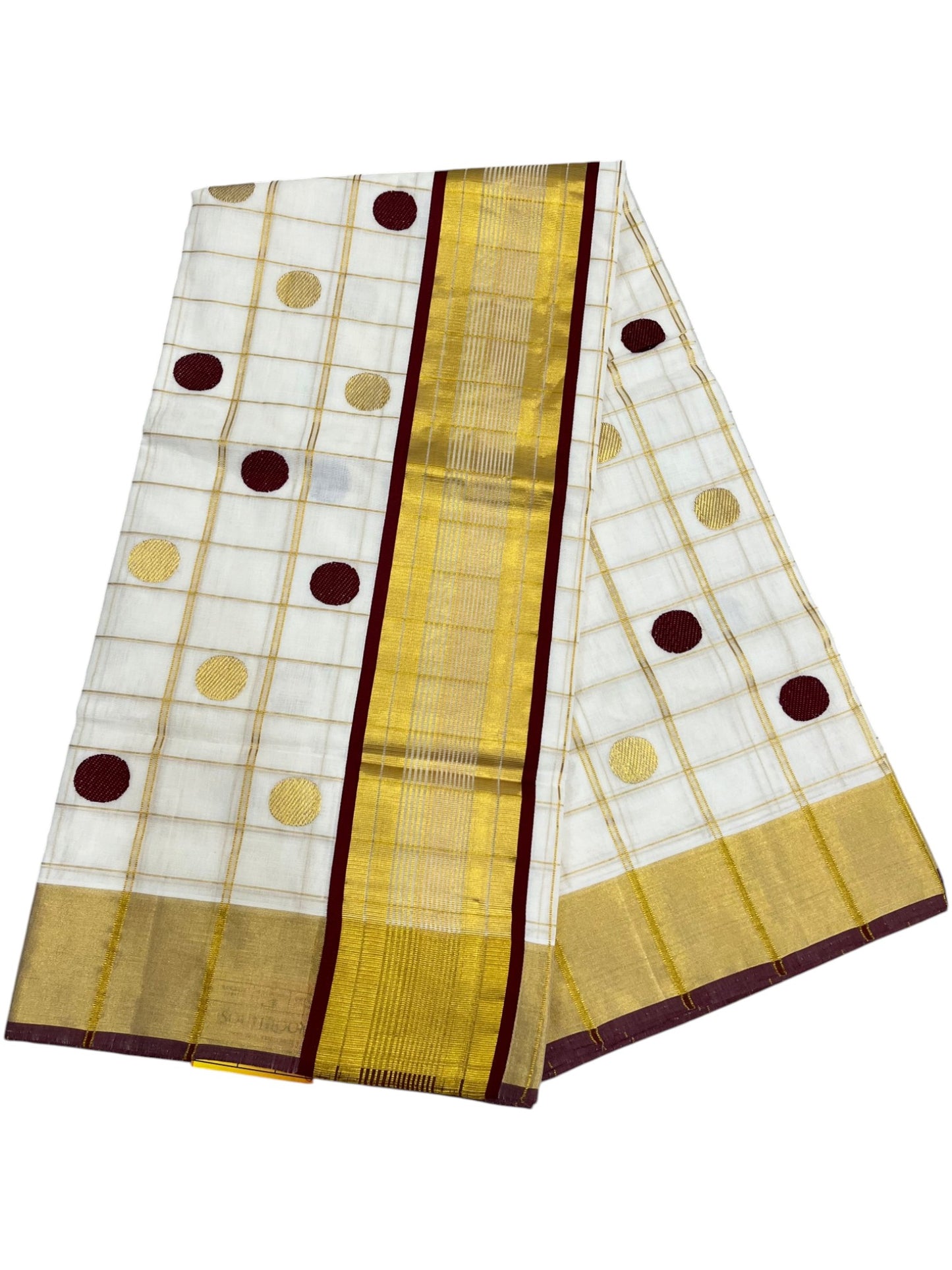 Southloom Super Premium Balaramapuram Handloom Cotton Check Saree with Gold And Maroon Polka Work And Kasavu on Border SL628