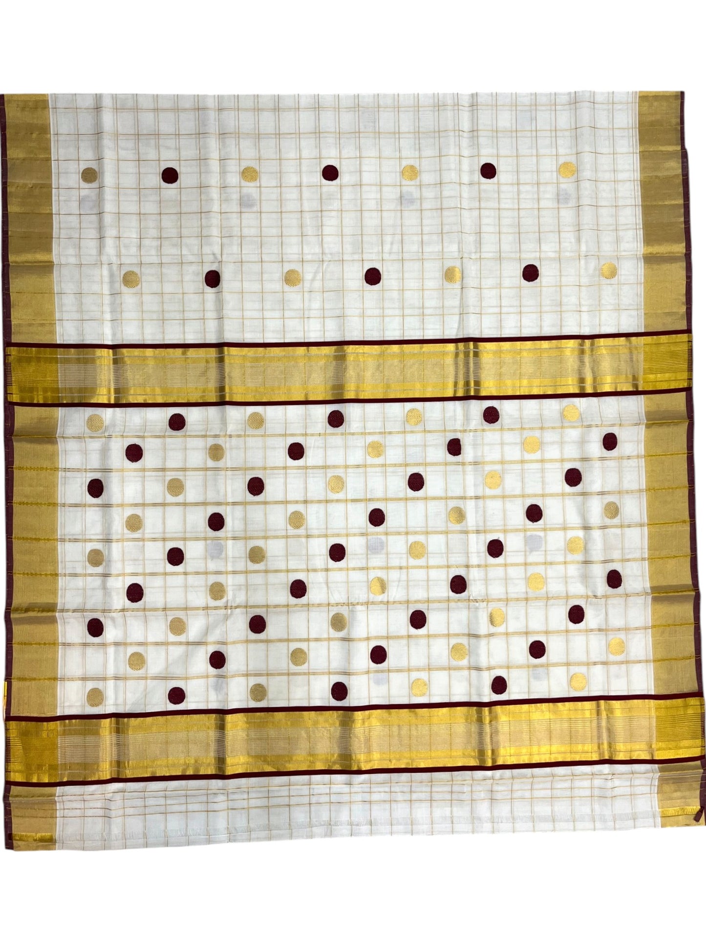 Southloom Super Premium Balaramapuram Handloom Cotton Check Saree with Gold And Maroon Polka Work And Kasavu on Border SL628