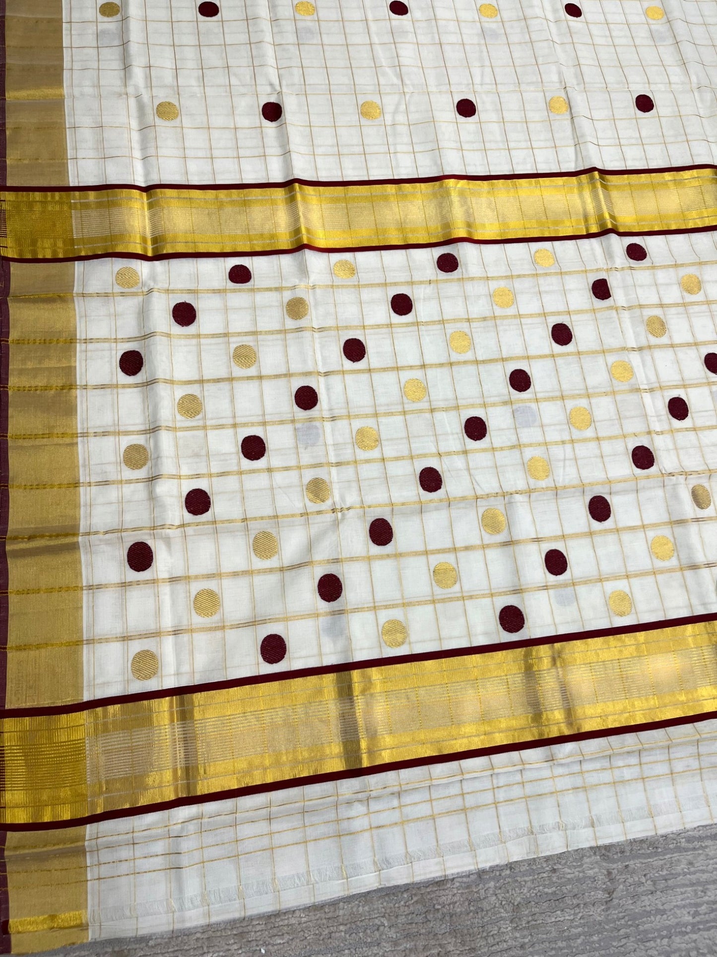 Southloom Super Premium Balaramapuram Handloom Cotton Check Saree with Gold And Maroon Polka Work And Kasavu on Border SL628