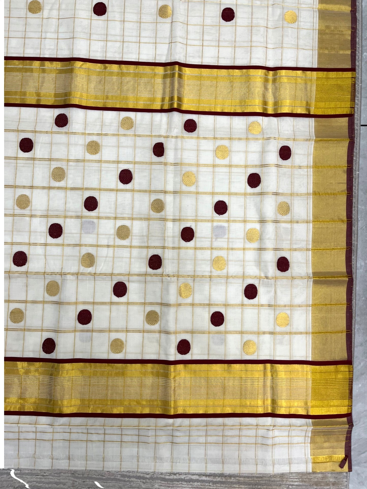 Southloom Super Premium Balaramapuram Handloom Cotton Check Saree with Gold And Maroon Polka Work And Kasavu on Border SL628
