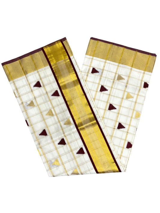 Southloom Super Premium Balaramapuram Handloom Cotton Check Saree with Gold And Maroon Temple work And Kasavu on Border SL628