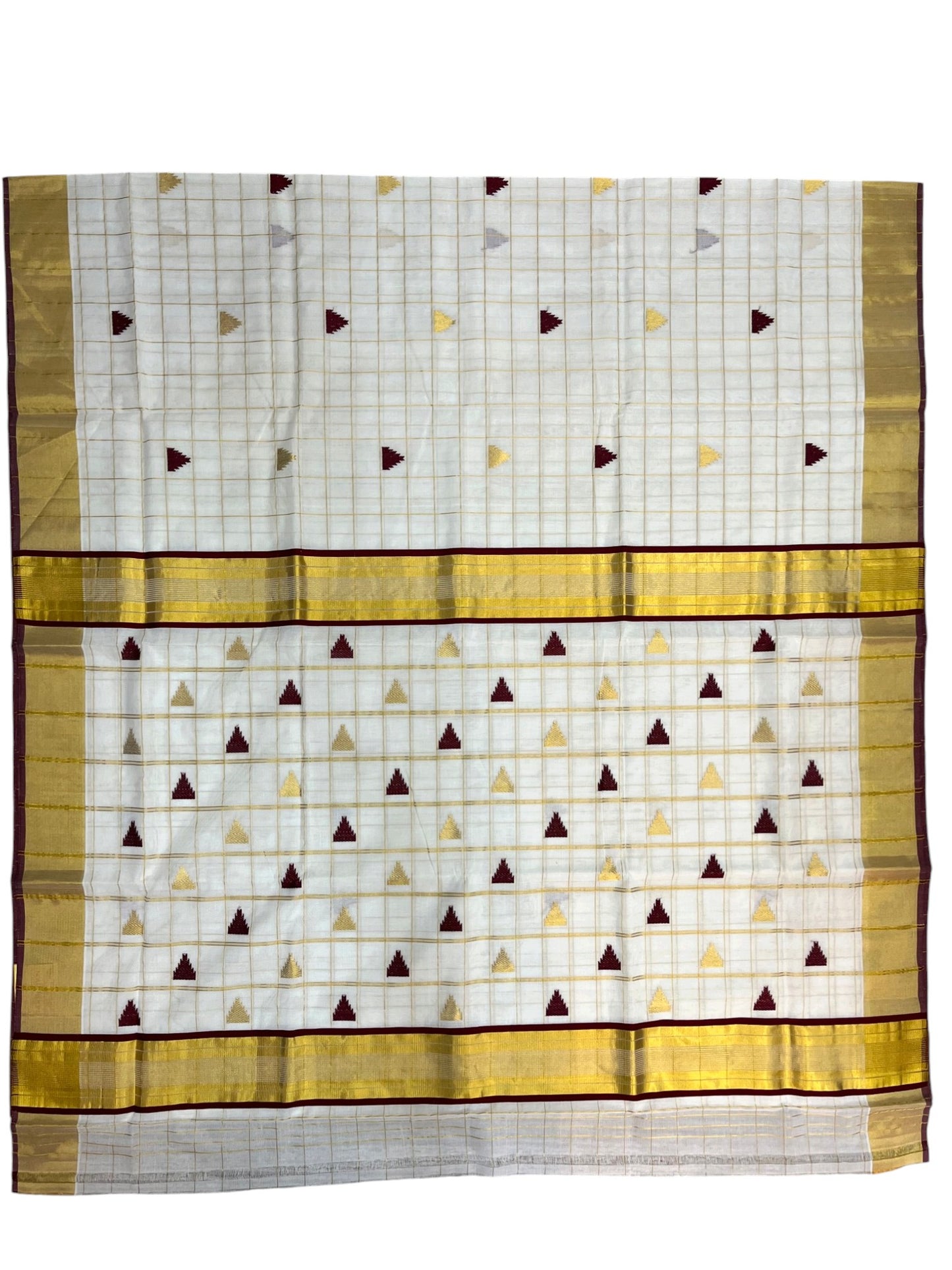 Southloom Super Premium Balaramapuram Handloom Cotton Check Saree with Gold And Maroon Temple work And Kasavu on Border SL628