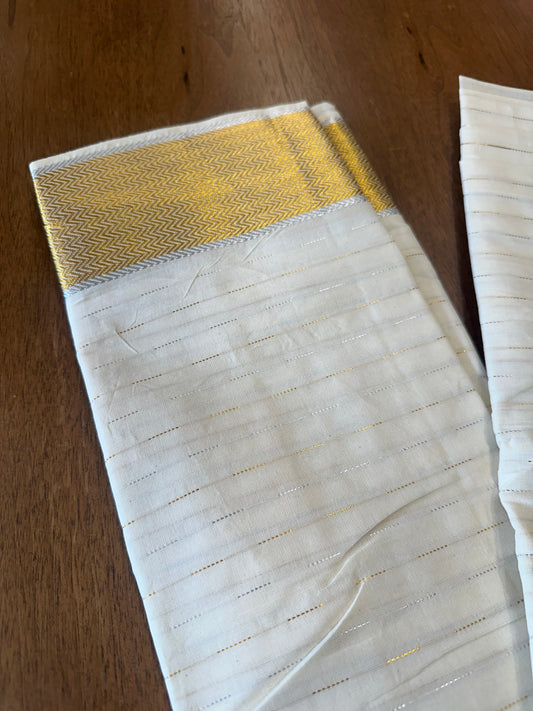 Kerala Striped Cotton Skirt Material with Gold And Silver Kasavu Woven Border (4 meters)