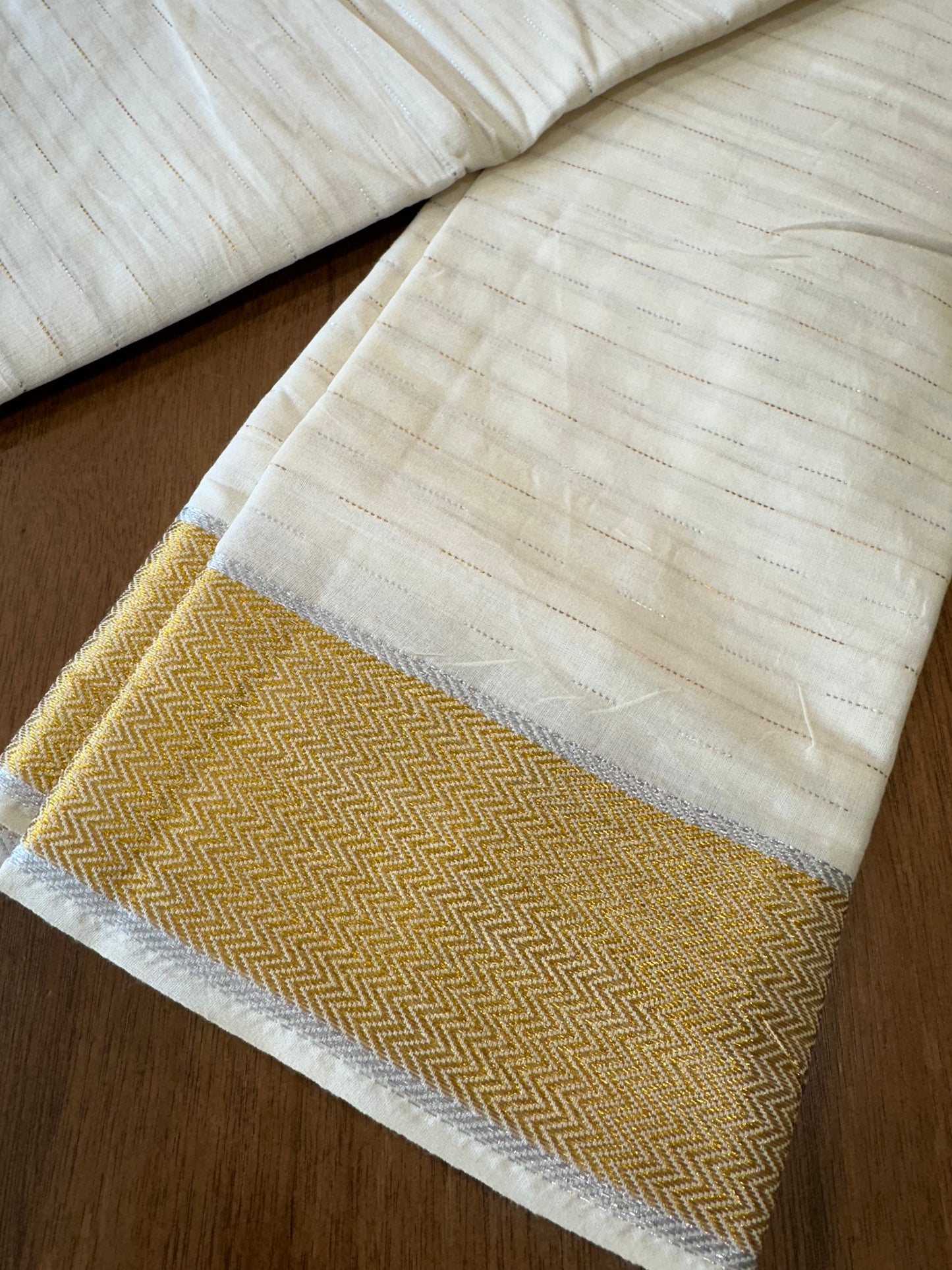 Kerala Striped Cotton Skirt Material with Gold And Silver Kasavu Woven Border (4 meters)