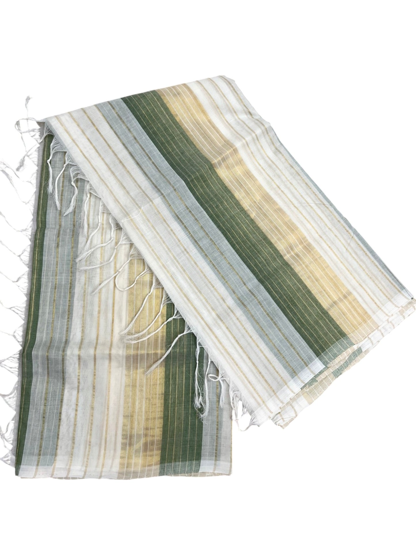 Southloom Super Premium Balaramapuram Handloom Cotton Gold And Green Lines On Body SL628