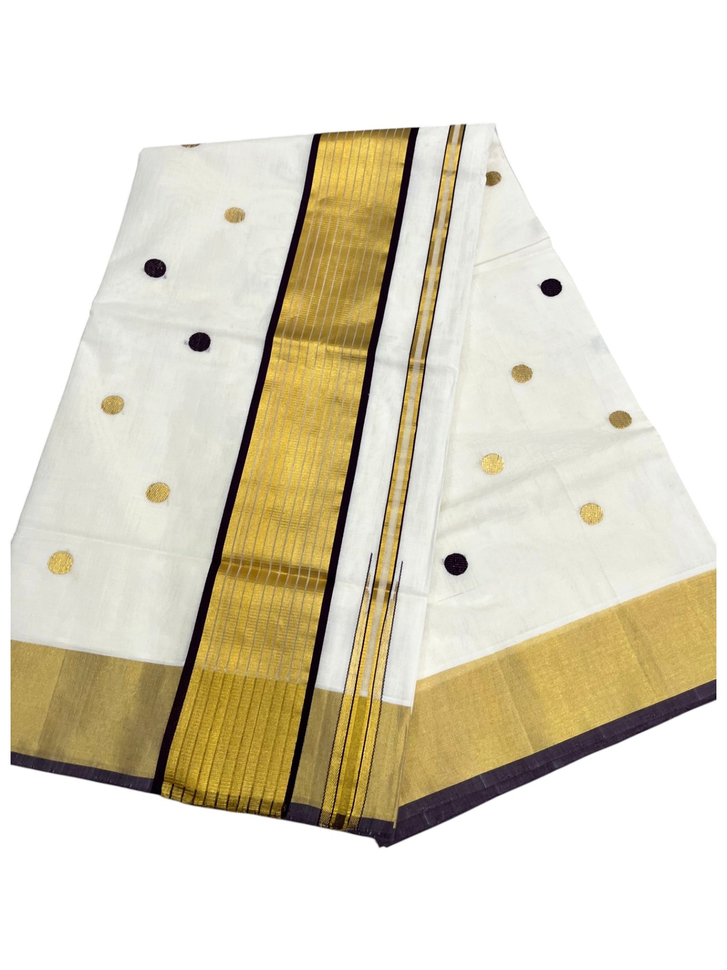 Southloom Super Premium Balaramapuram Handloom Cotton Gold And Purple Polka Dots On Body SL628