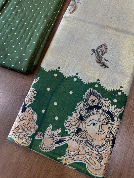 Kerala Tissue Block Printed Pavada and Light Green Designer Blouse Material for Kids/Girls 4.3 Meters