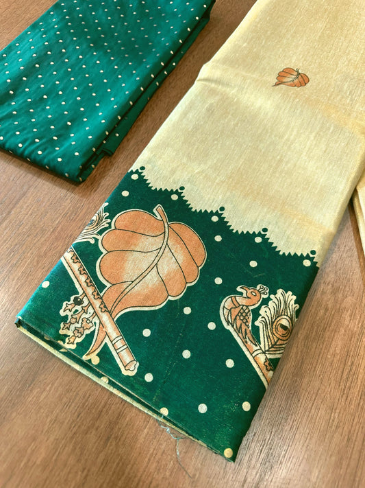 Kerala Tissue Block Printed Pavada and Green Designer Blouse Material for Kids/Girls 4.3 Meters