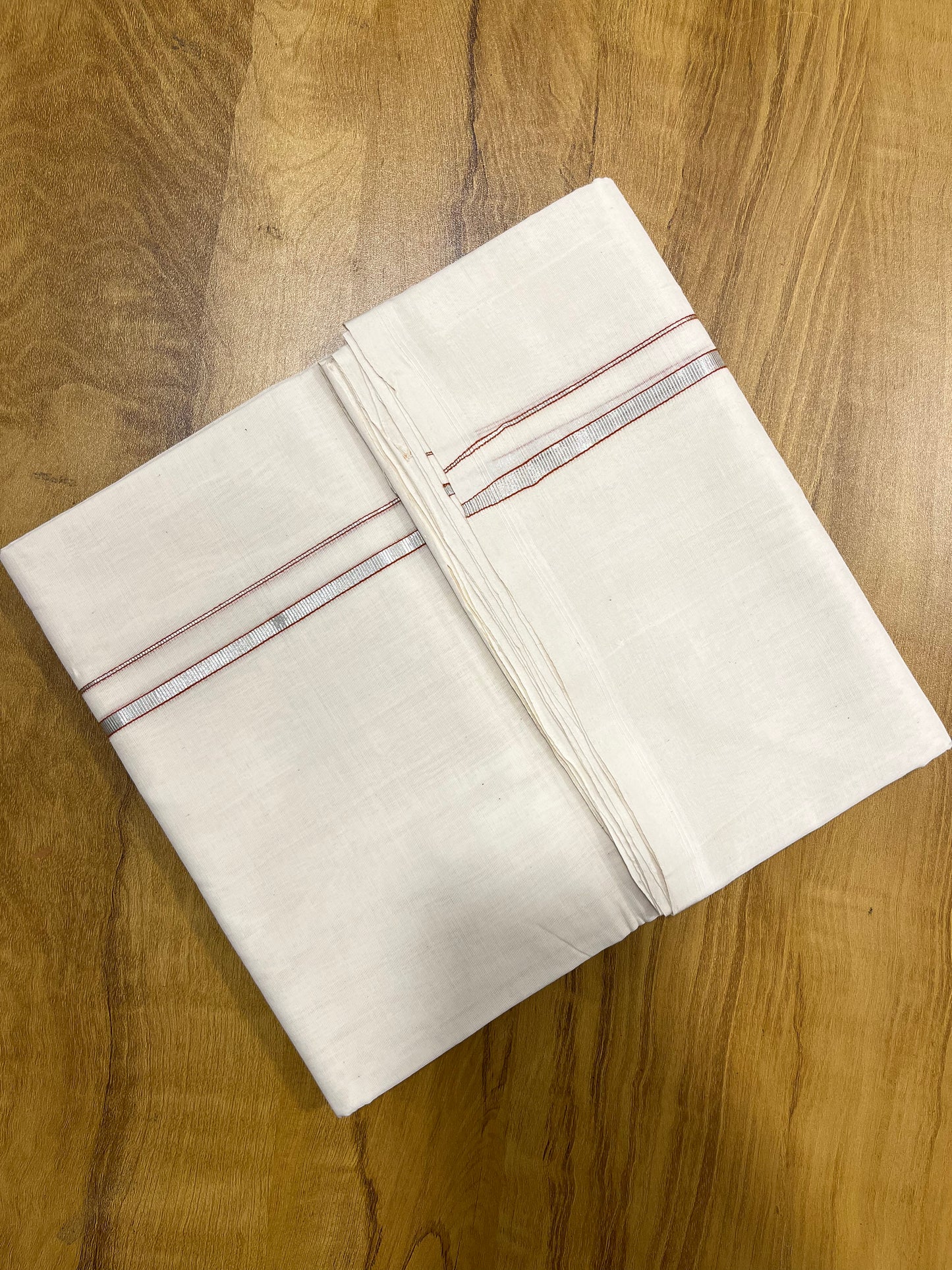 Premium Balaramapuram Handloom Unakkupaavu 0.5 inch Double Mundu with Silver Kasavu and Brick Kara