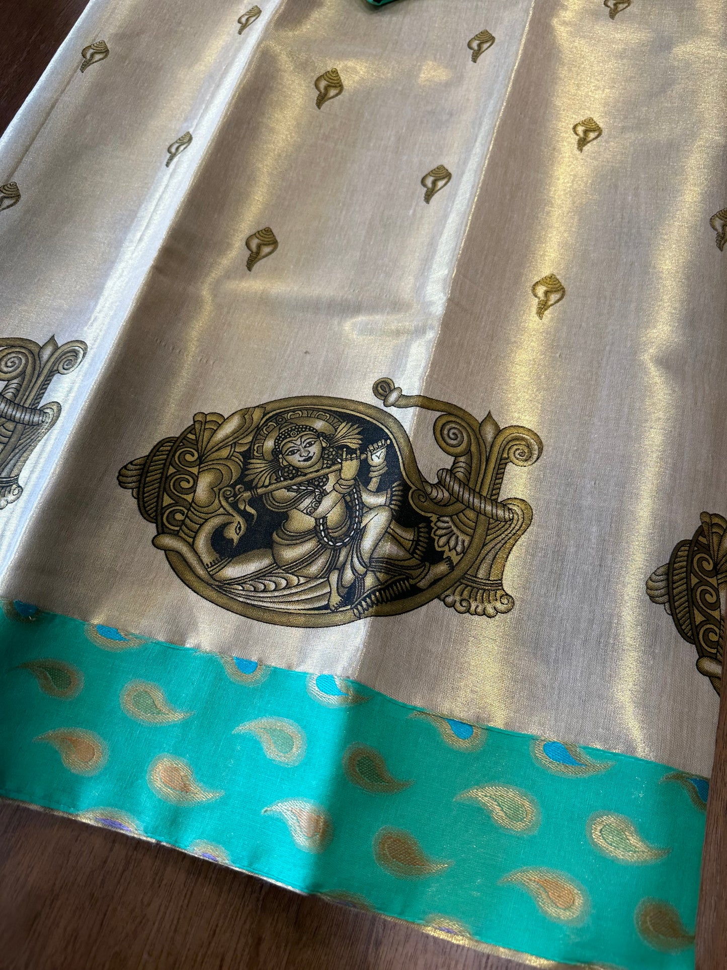 Kerala Tissue Block Printed Pavada and Turquoise Designer Blouse Material for Kids/Girls 4.3 Meters