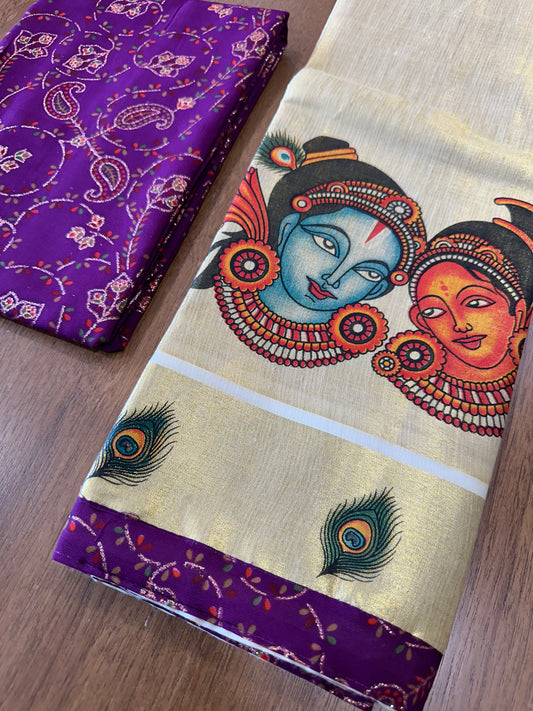 Kerala Tissue Block Printed Pavada and Magenta Designer Blouse Material for Kids/Girls 4.3 Meters