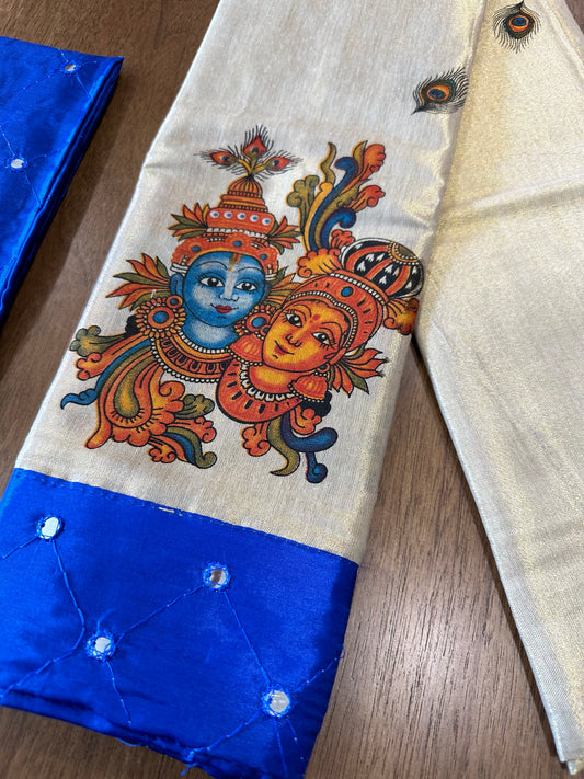 Kerala Tissue Mural Printed Pavada and Blue Blouse Material for Kids 3 Meters