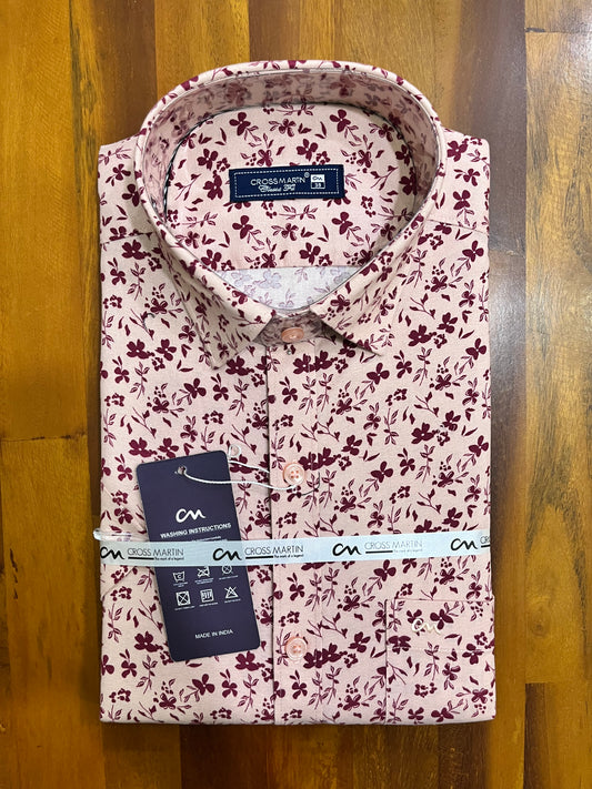 Pure Cotton Maroon Printed Shirt (38 HS)