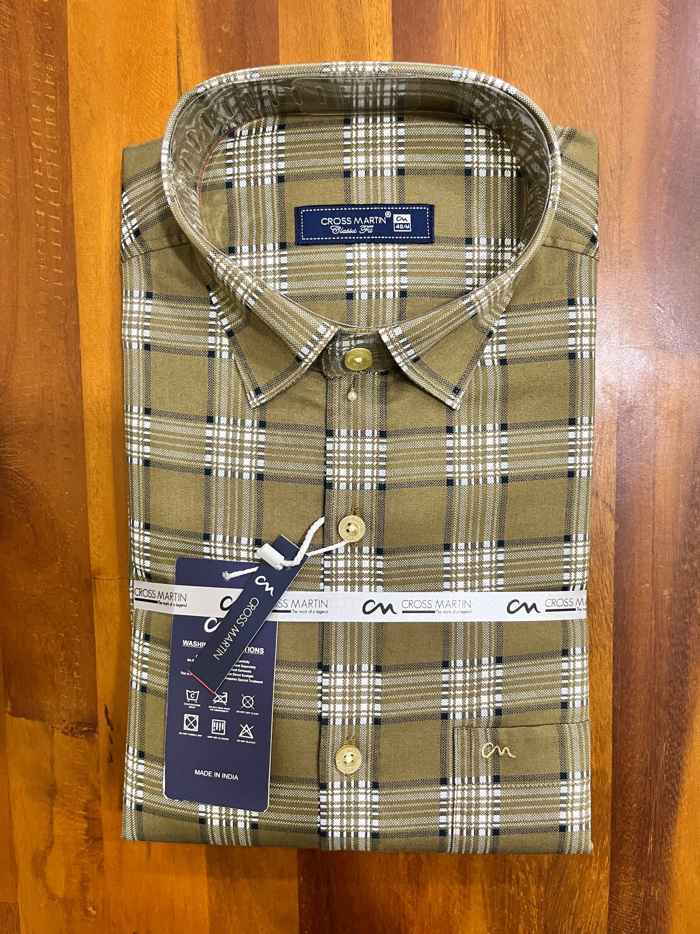 Pure Cotton Olive Green Check Design Shirt (40 FS)