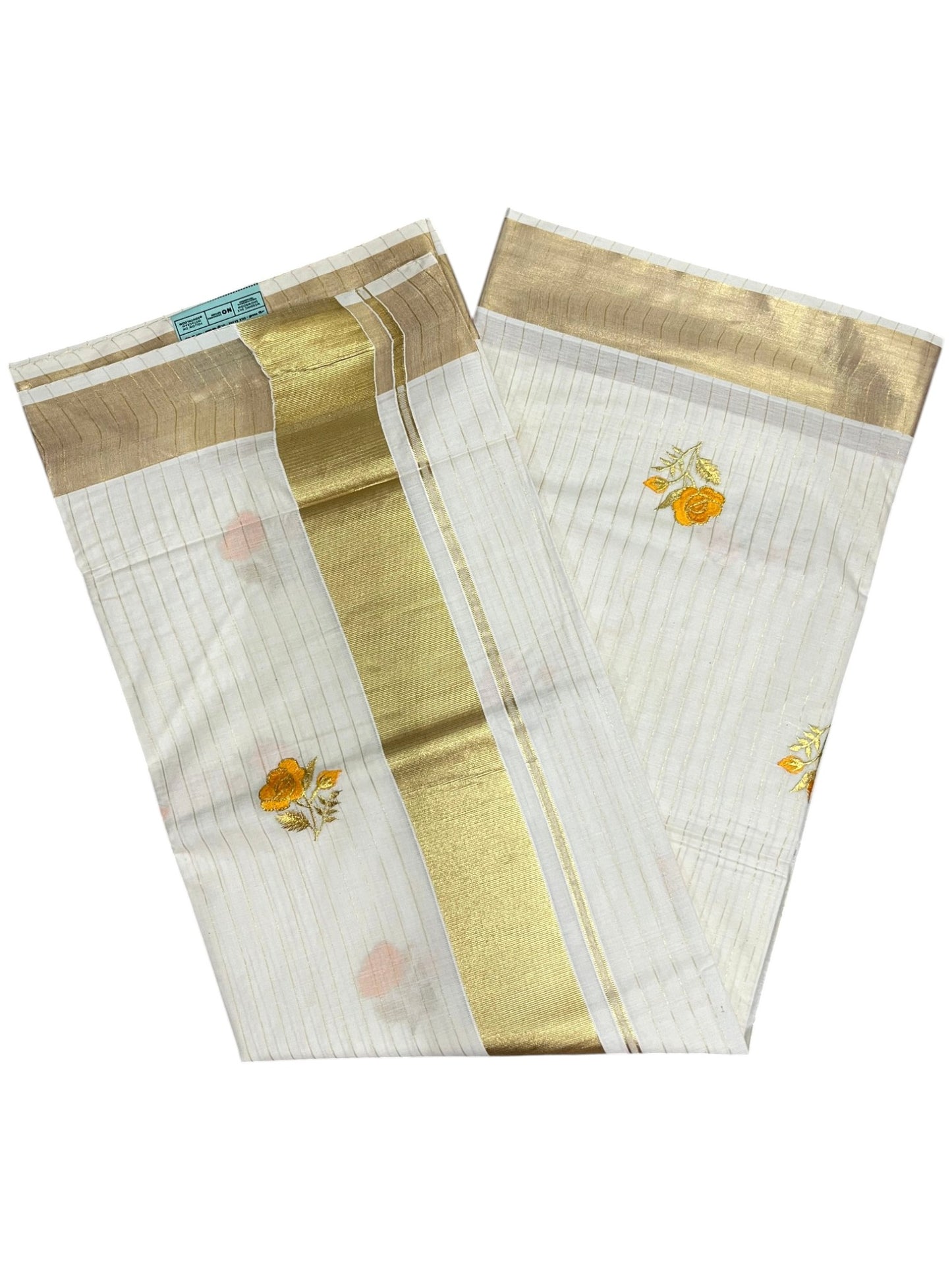 Southloom Kerala Cotton Kasavu Line Saree with Yellow Floral Embroidery Works