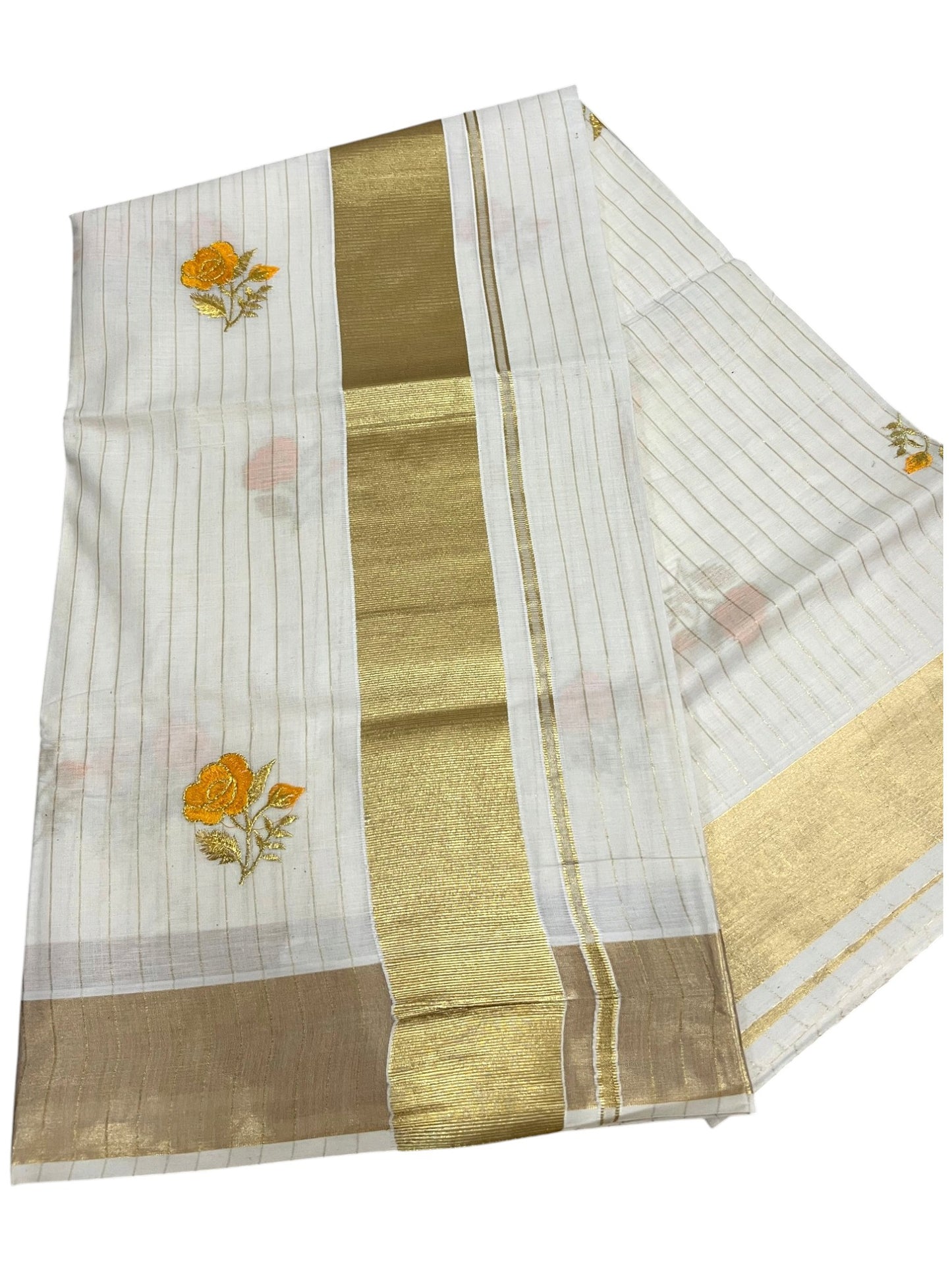Southloom Kerala Cotton Kasavu Line Saree with Yellow Floral Embroidery Works