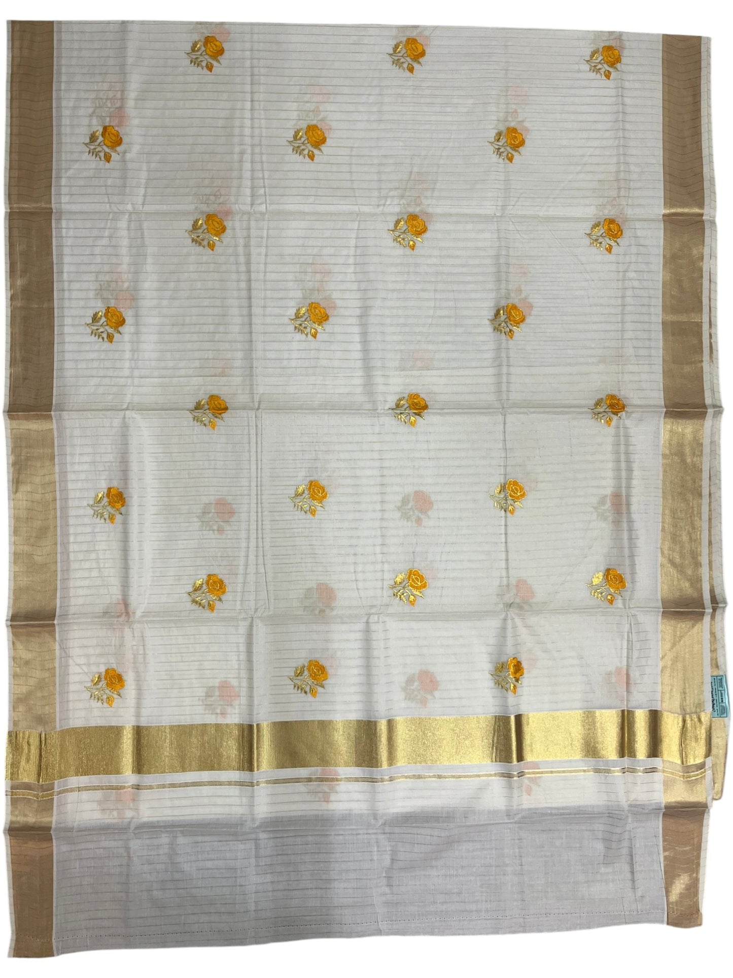 Southloom Kerala Cotton Kasavu Line Saree with Yellow Floral Embroidery Works