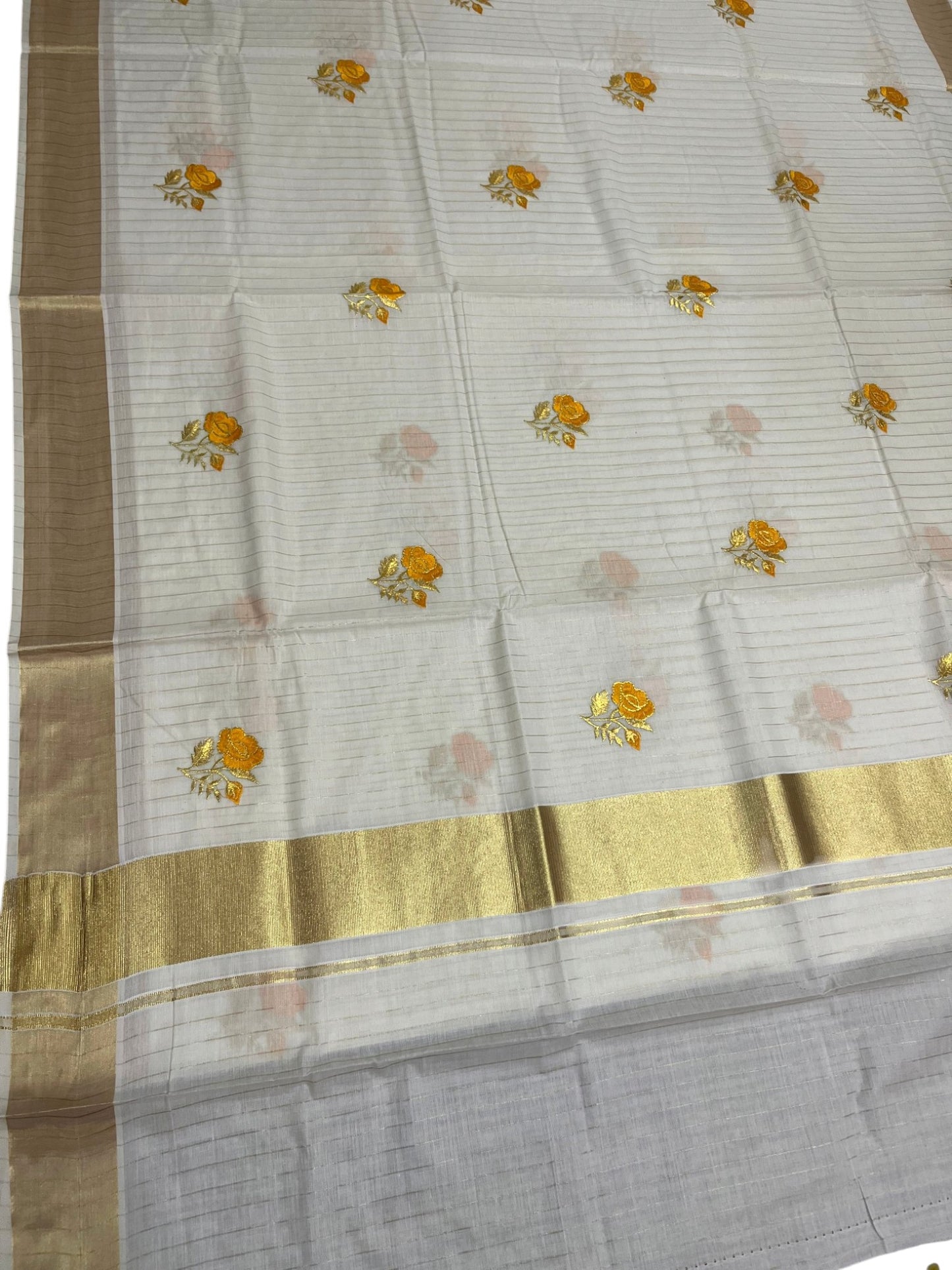 Southloom Kerala Cotton Kasavu Line Saree with Yellow Floral Embroidery Works