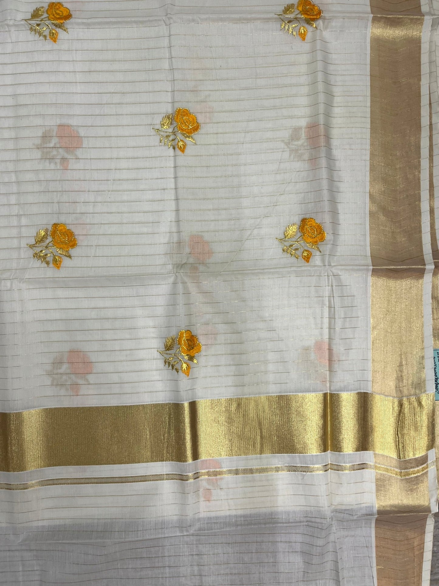 Southloom Kerala Cotton Kasavu Line Saree with Yellow Floral Embroidery Works
