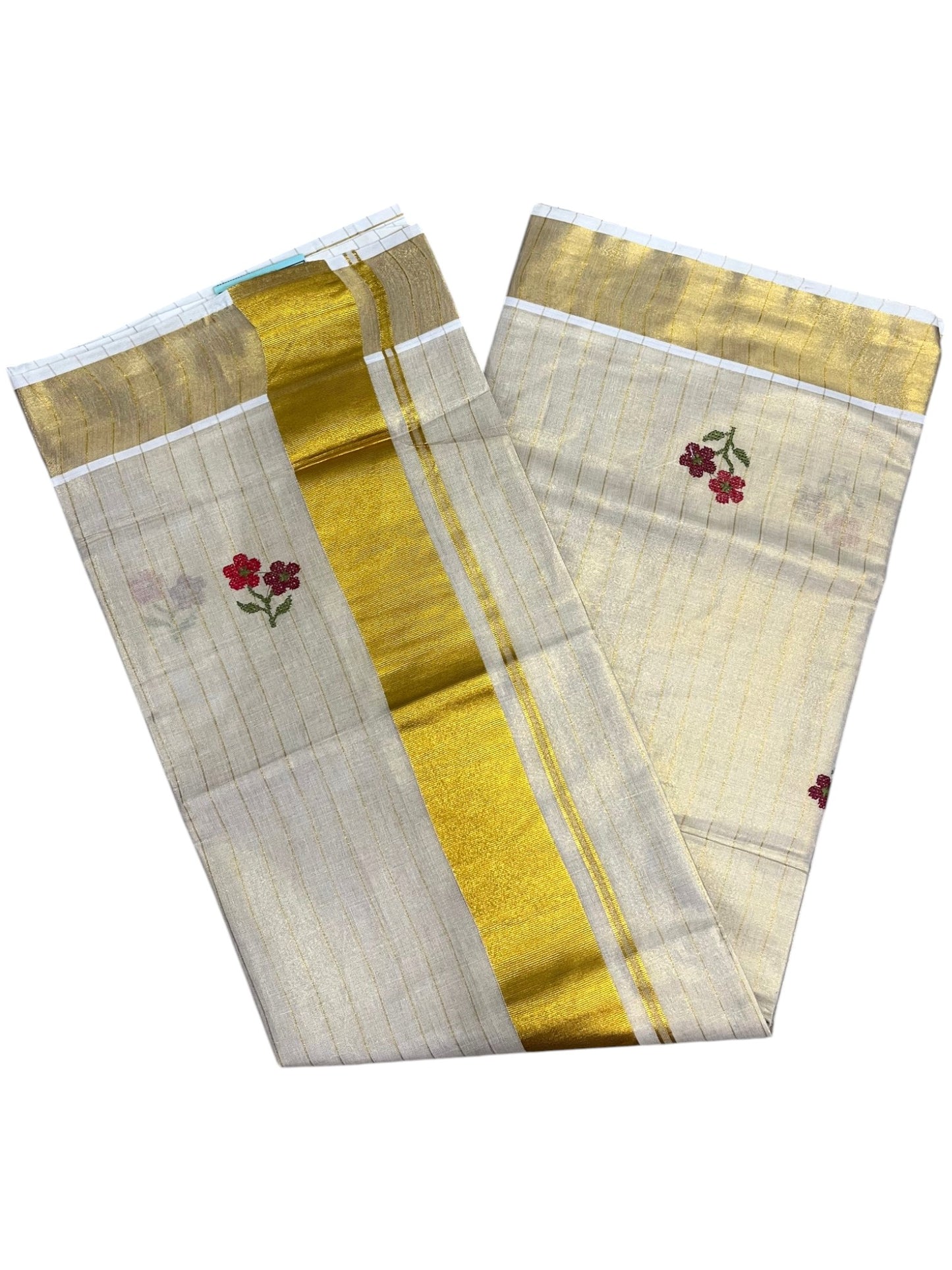 Southloom Kerala Tissue Kasavu Lines Saree with Red&Maroon Floral embroidery work