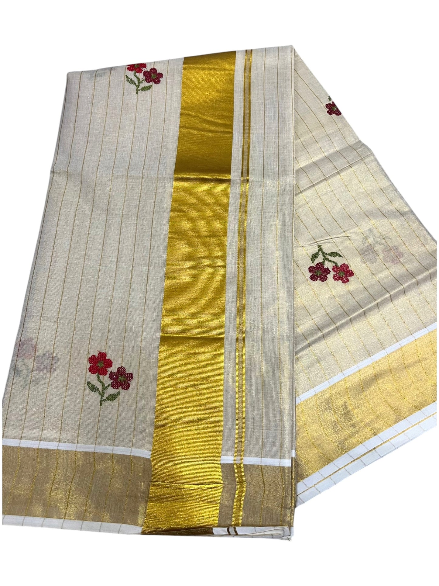Southloom Kerala Tissue Kasavu Lines Saree with Red&Maroon Floral embroidery work