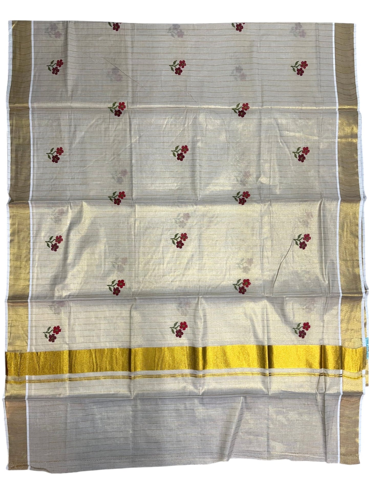 Southloom Kerala Tissue Kasavu Lines Saree with Red&Maroon Floral embroidery work