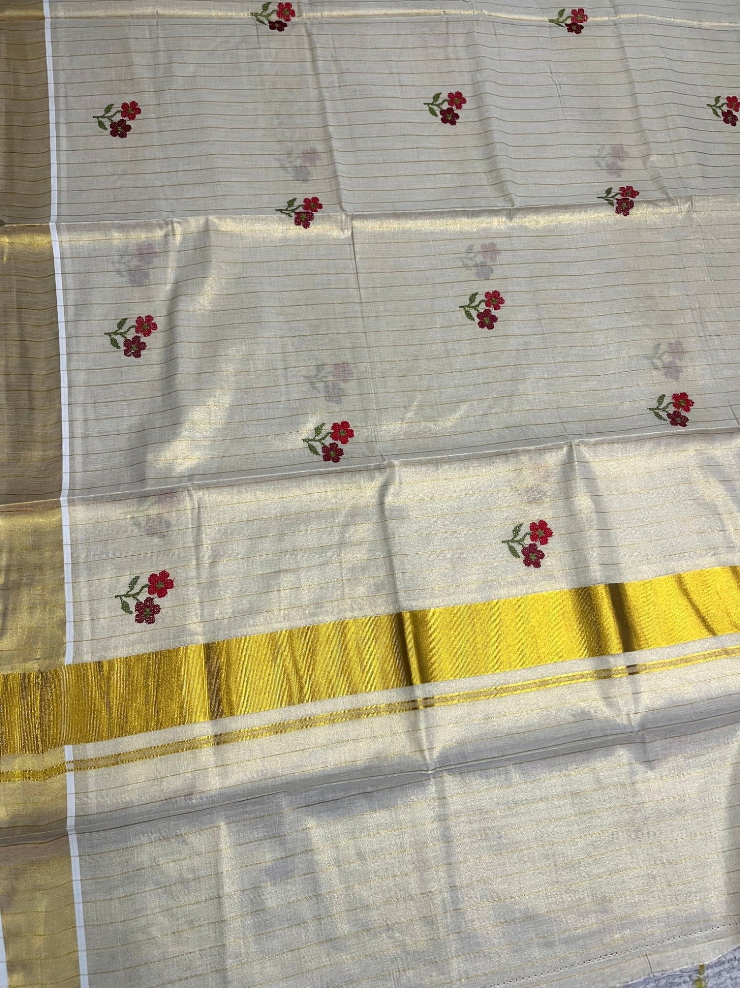 Southloom Kerala Tissue Kasavu Lines Saree with Red&Maroon Floral embroidery work
