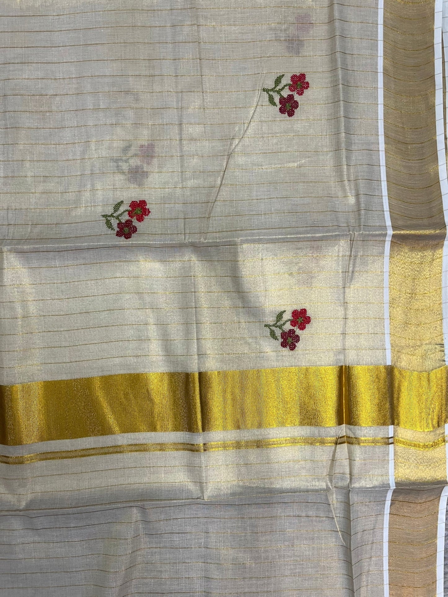 Southloom Kerala Tissue Kasavu Lines Saree with Red&Maroon Floral embroidery work