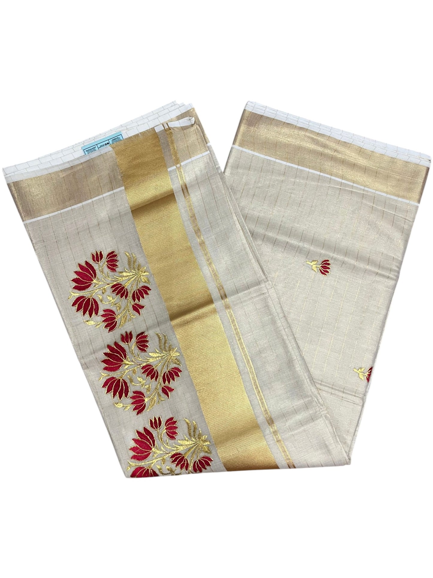 Southloom Kerala Tissue Kasavu Lines Saree with Red Floral embroidery work