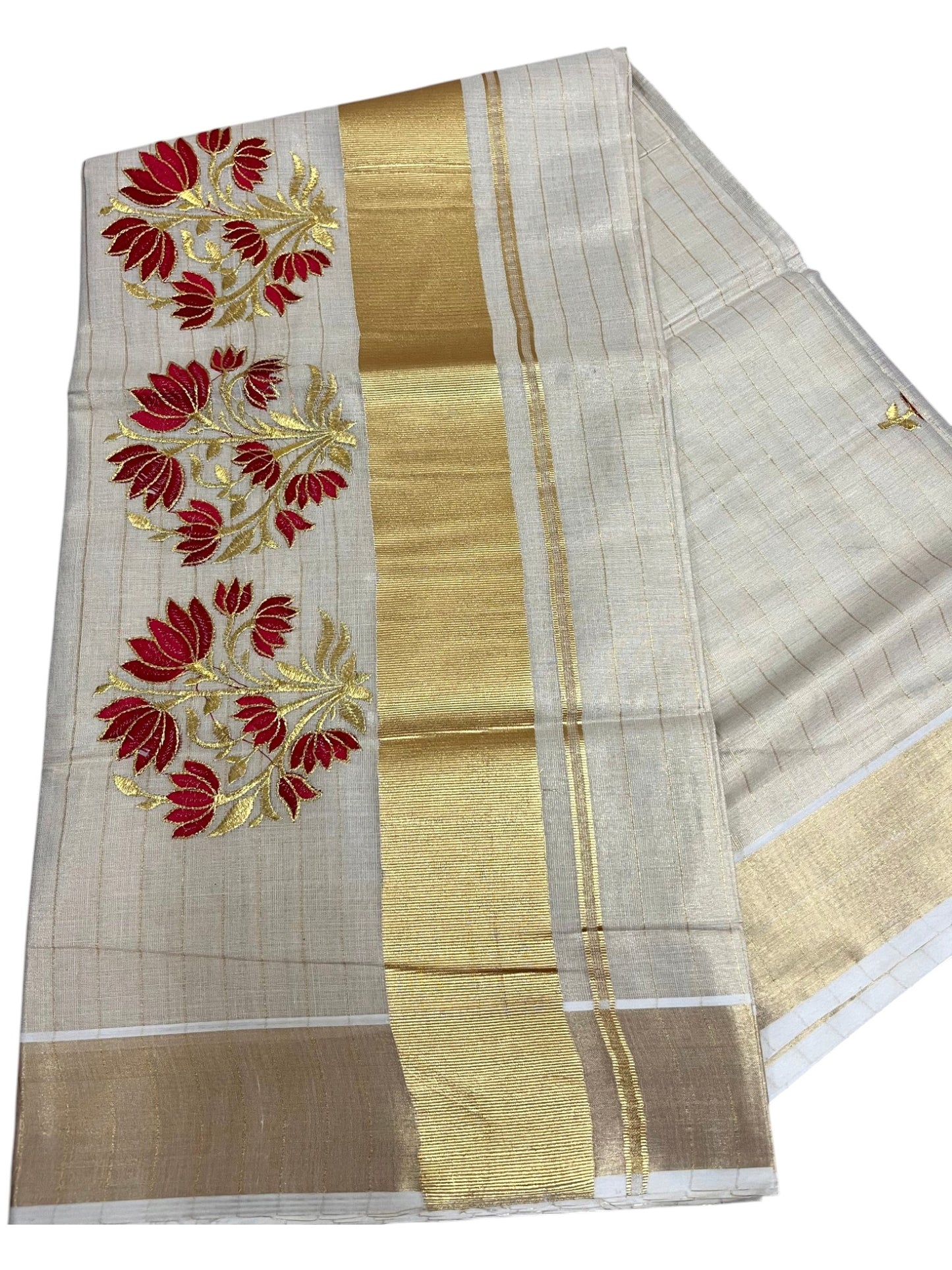 Southloom Kerala Tissue Kasavu Lines Saree with Red Floral embroidery work