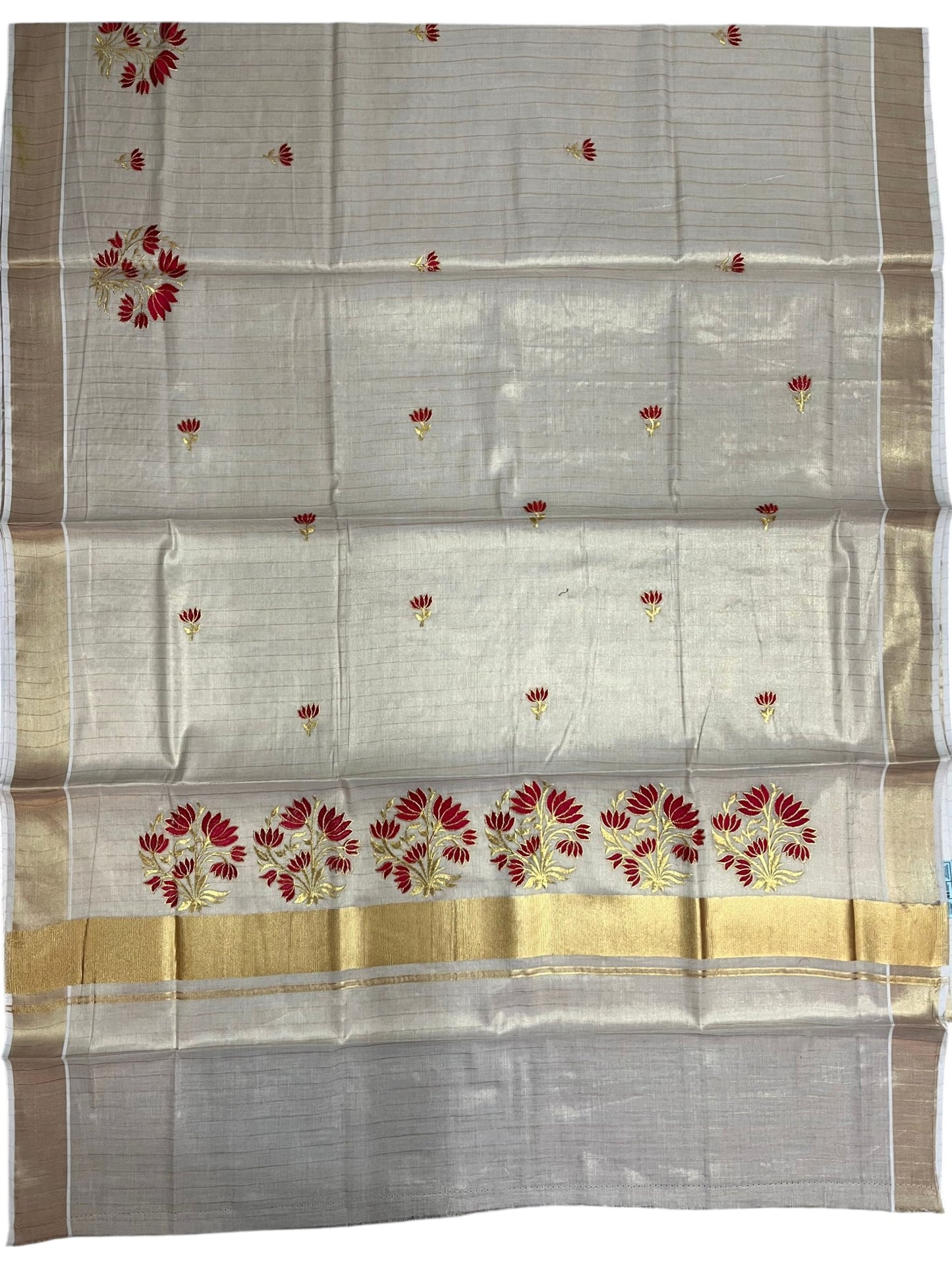 Southloom Kerala Tissue Kasavu Lines Saree with Red Floral embroidery work