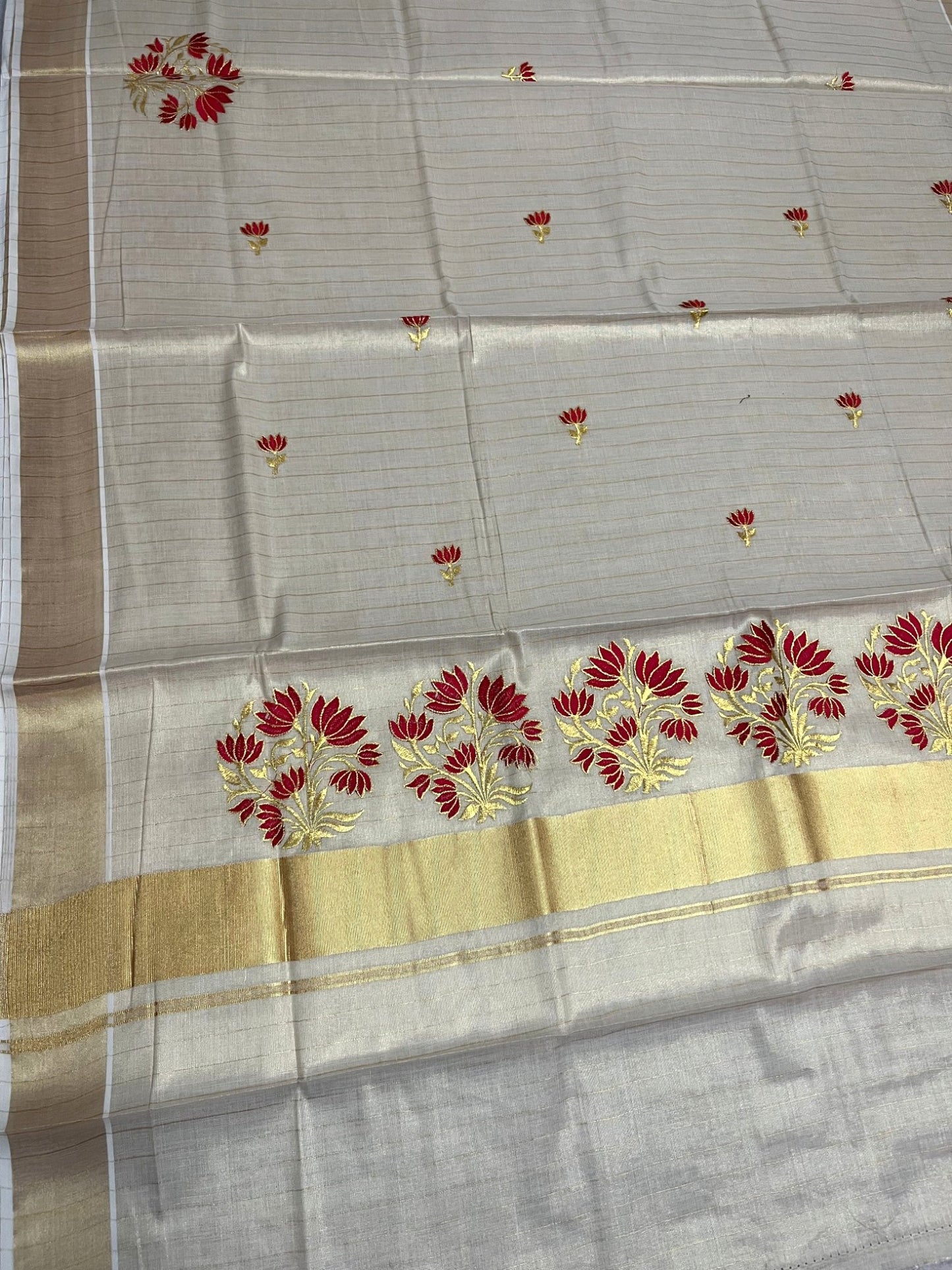 Southloom Kerala Tissue Kasavu Lines Saree with Red Floral embroidery work