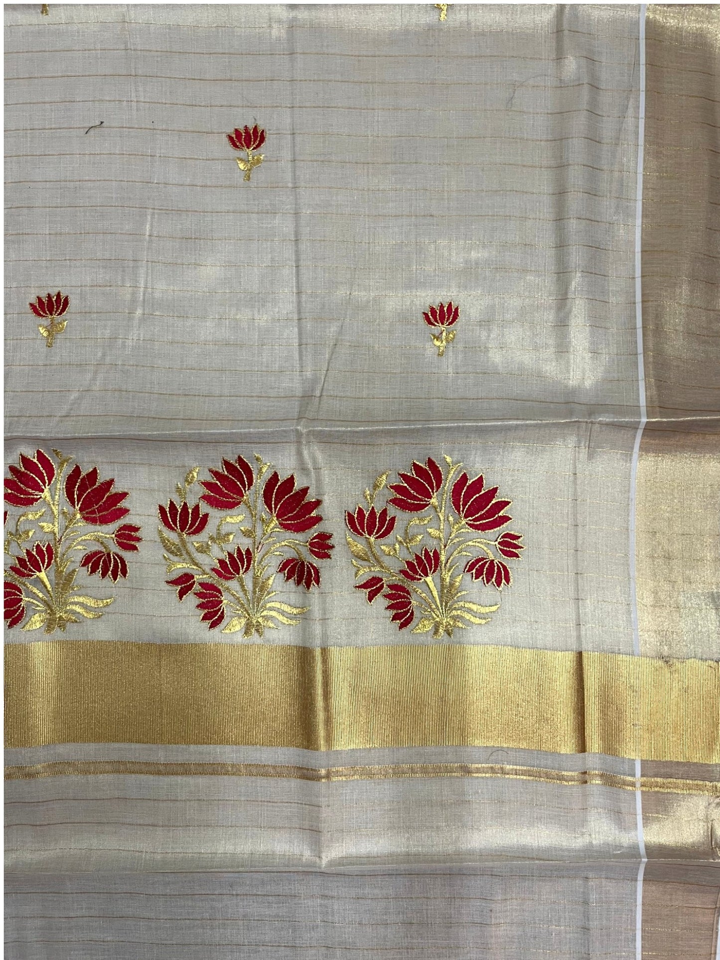 Southloom Kerala Tissue Kasavu Lines Saree with Red Floral embroidery work