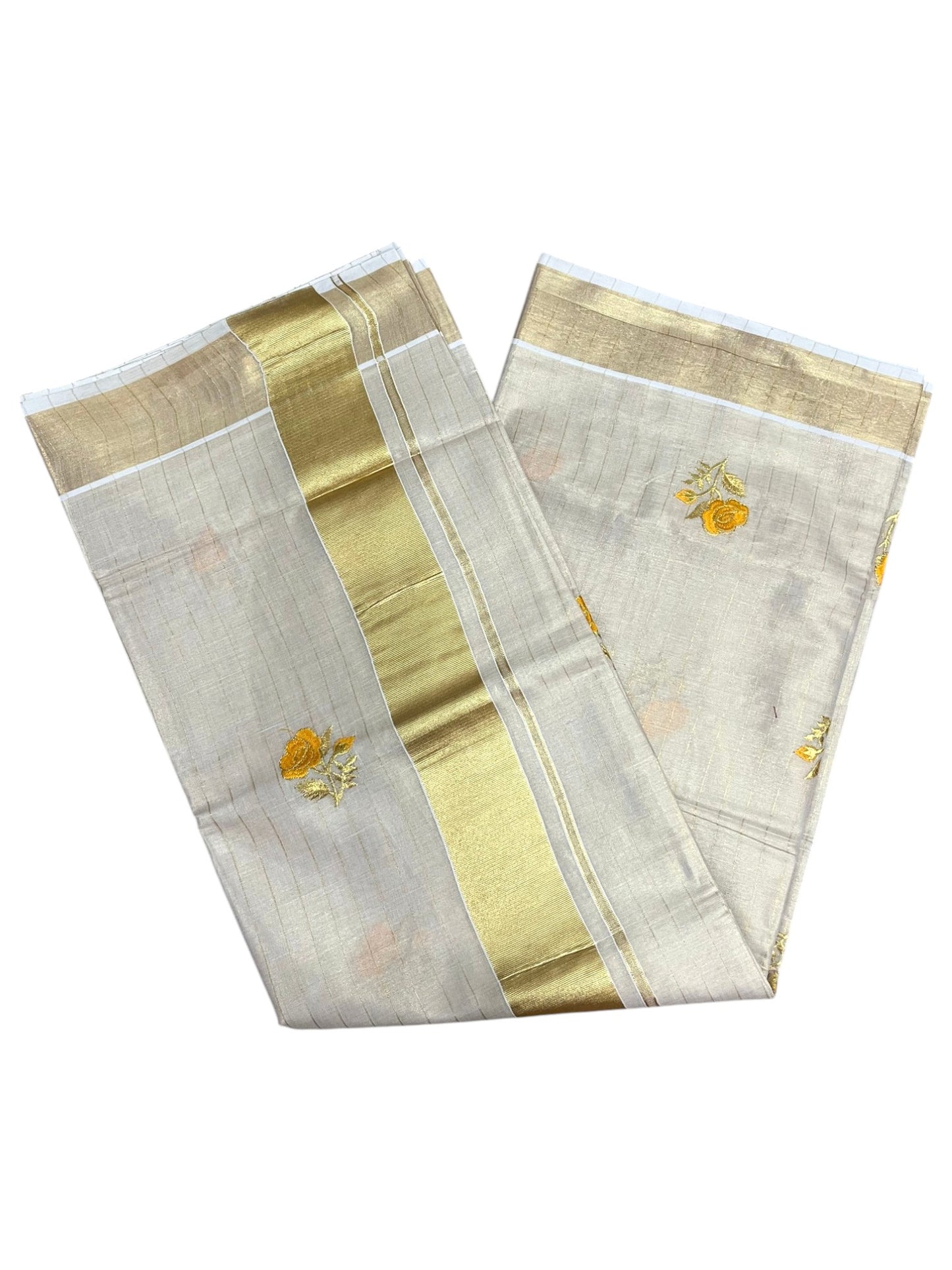Southloom Kerala Tissue Kasavu Lines Saree with Yellow Floral embroidery work