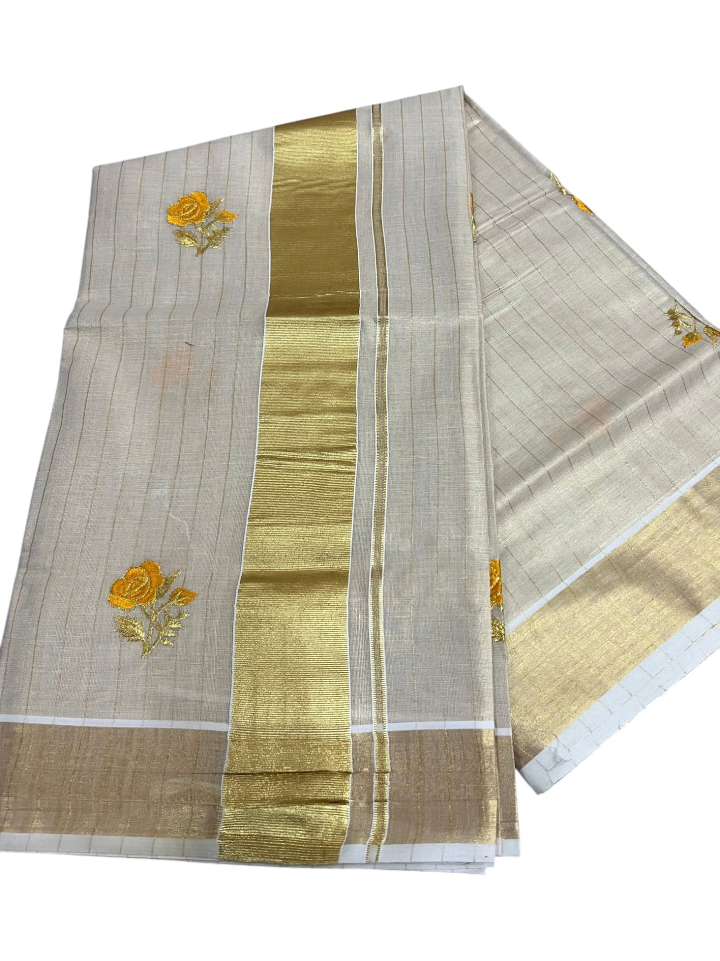 Southloom Kerala Tissue Kasavu Lines Saree with Yellow Floral embroidery work