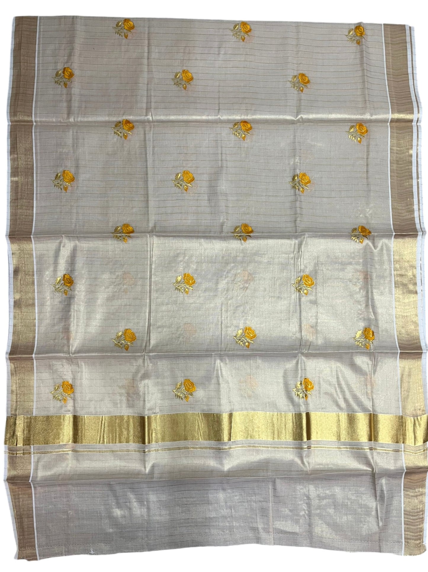 Southloom Kerala Tissue Kasavu Lines Saree with Yellow Floral embroidery work