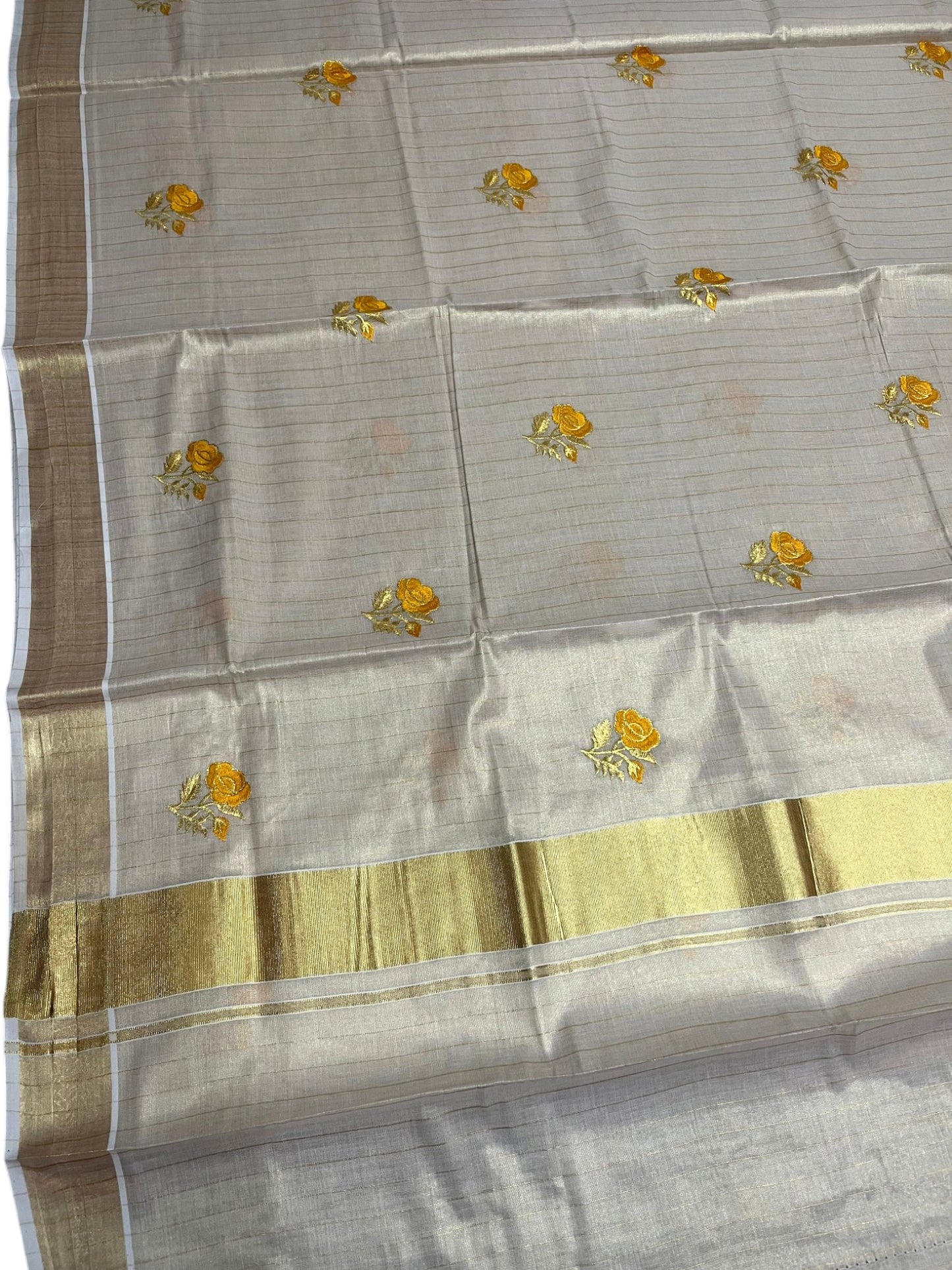 Southloom Kerala Tissue Kasavu Lines Saree with Yellow Floral embroidery work