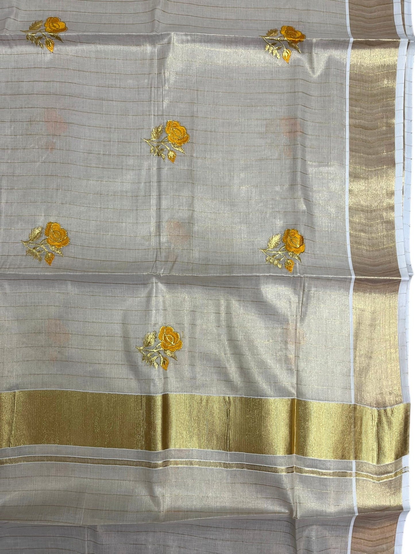 Southloom Kerala Tissue Kasavu Lines Saree with Yellow Floral embroidery work
