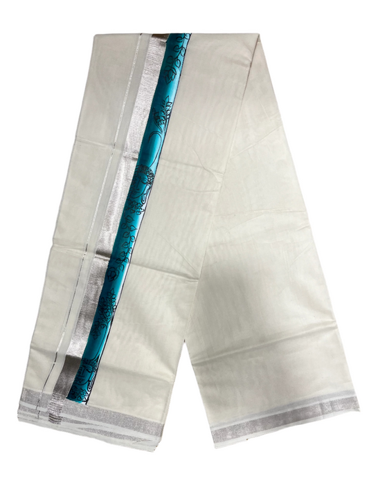 Kerala Pure Cotton Double Mundu with Mural Hand Painted Design on Silver Kasavu Border (Onam 2024 Special)